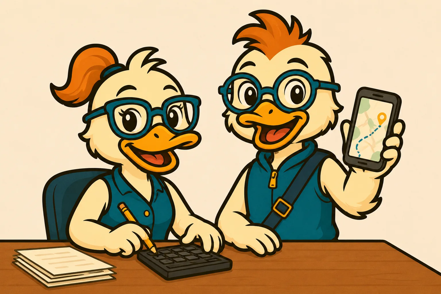 Dee Duck from DeductibleDuck works a calculator with a pencil while Miles Duck from ExpenseDuck holds up a phone that shows a tracked drive on a map