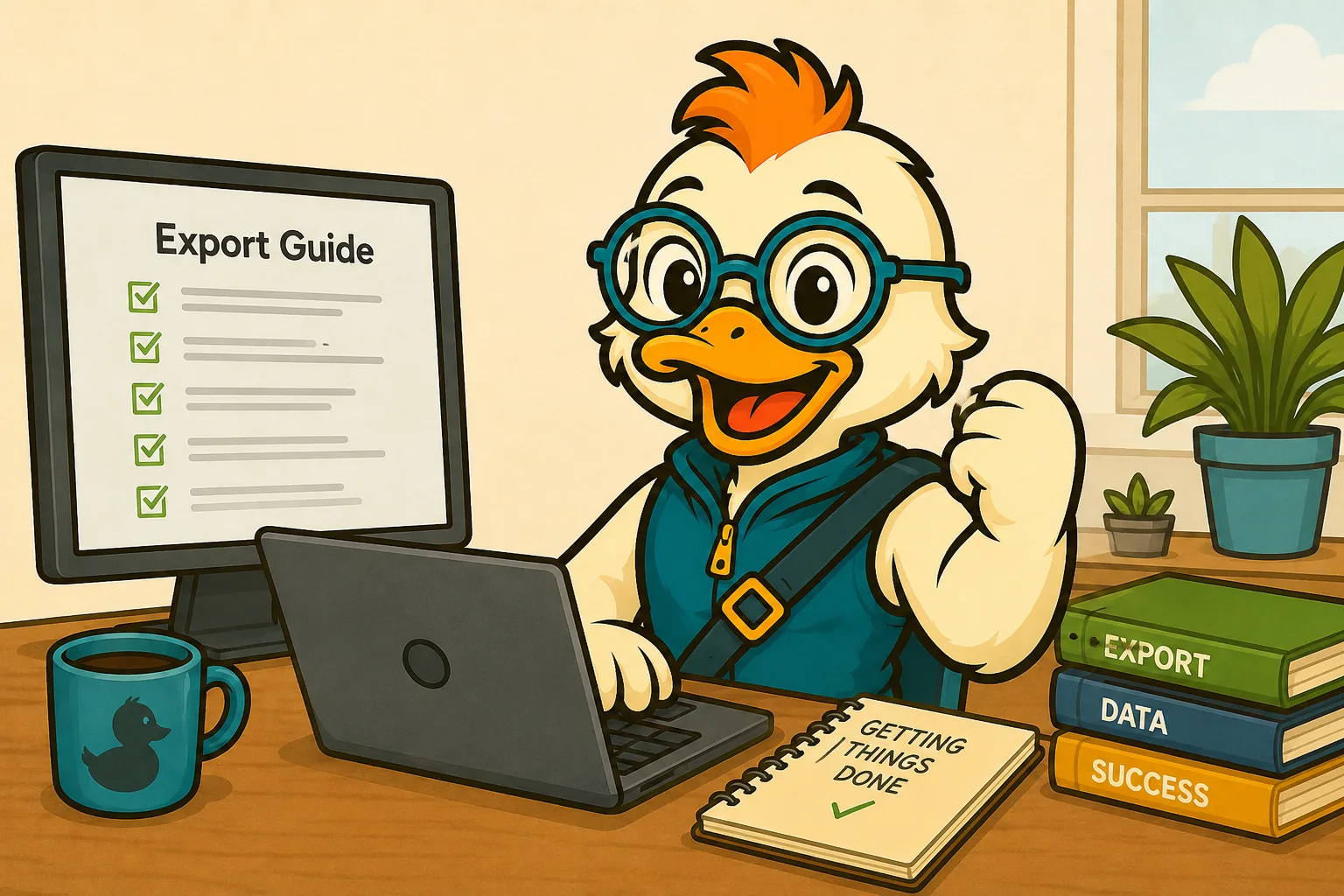 Miles Duck giving a thumbs up after following the guide to export QuickBooks Self-Employed data, with a completed export checklist on the monitor behind him