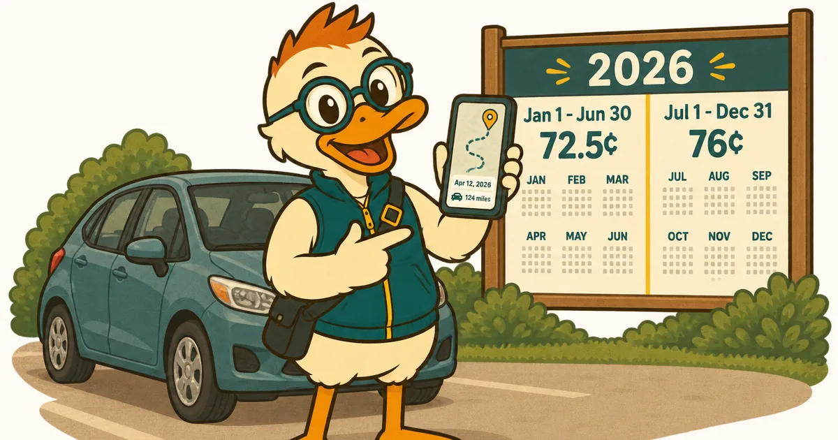 Miles Duck beside a parked car pointing at his phone's dated mileage log, with a board behind him showing the IRS mileage rate 2026 split into 72.5 cents through June 30 and 76 cents from July 1