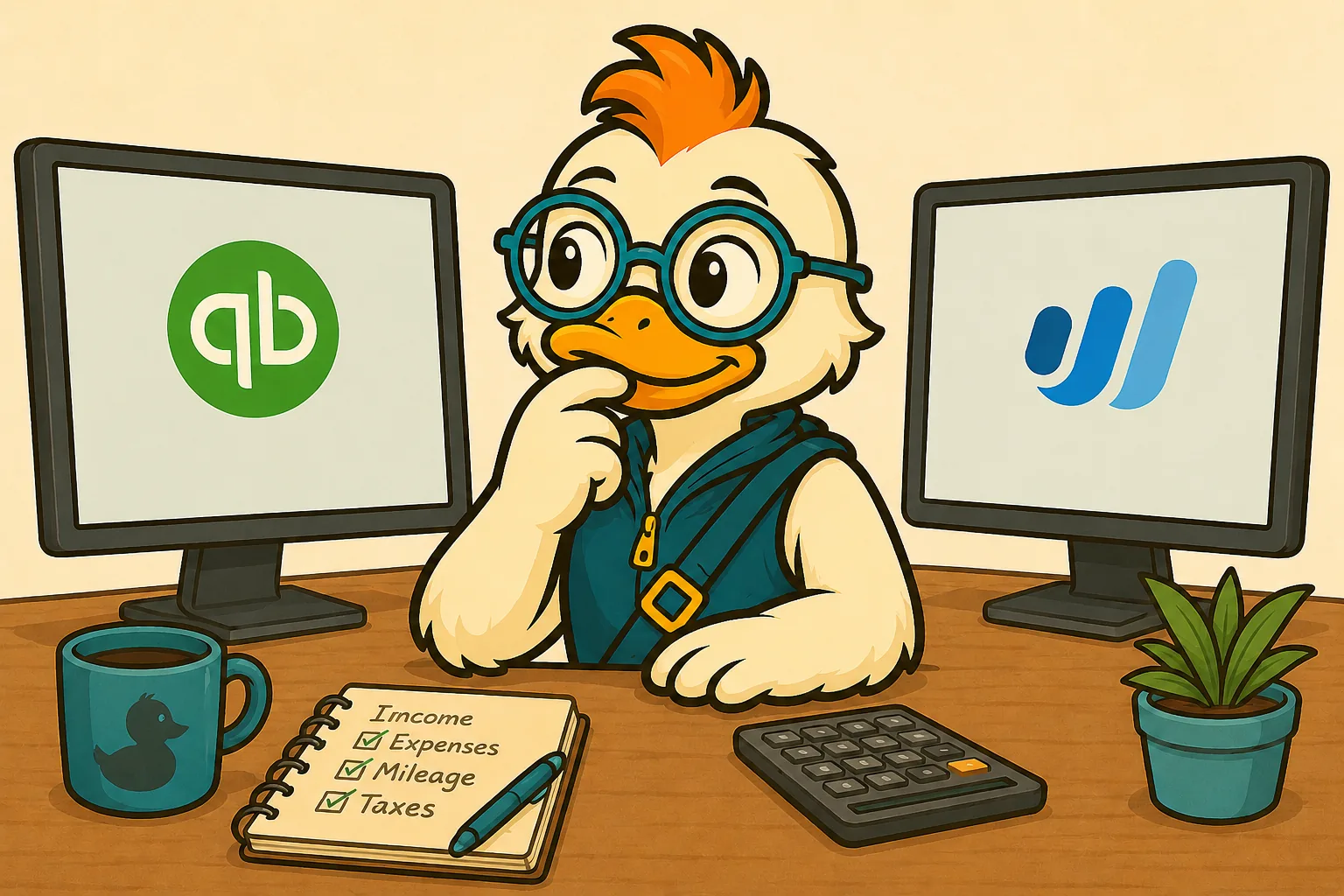 Miles Duck comparing QuickBooks Self-Employed alternatives on two monitors, with a Schedule C checklist for income, expenses, mileage and taxes
