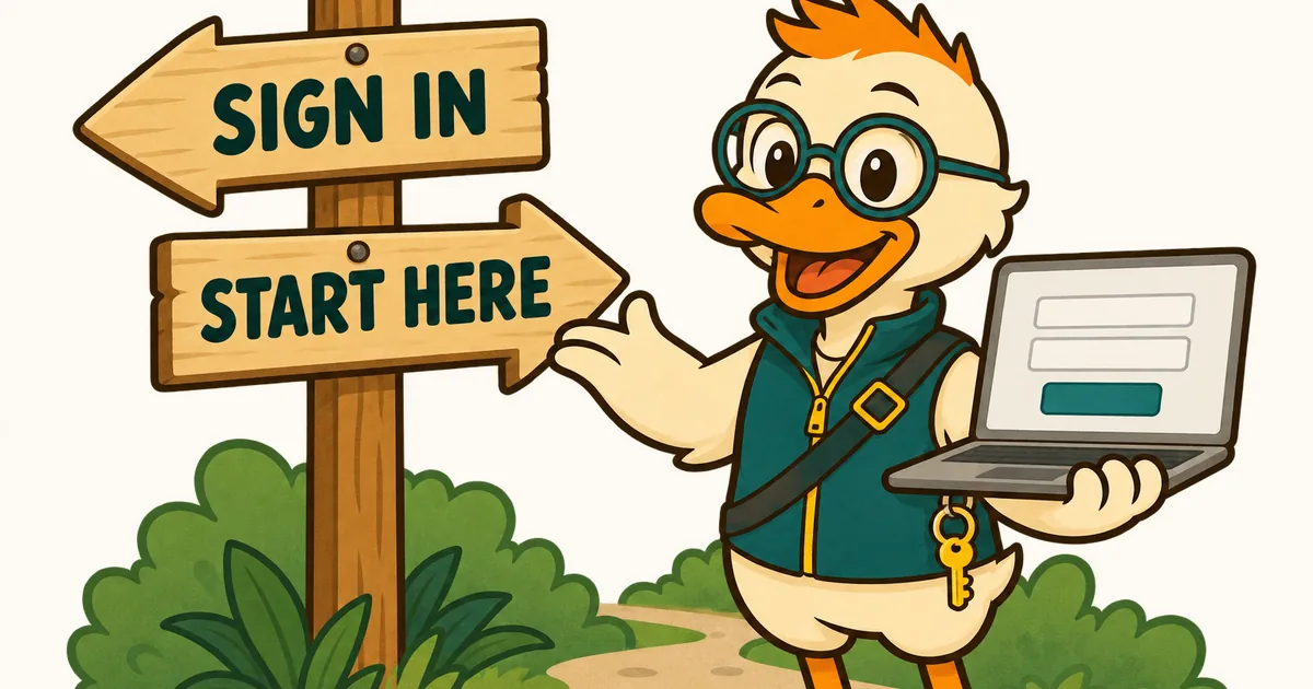 Miles Duck holding a laptop with a blank sign-in form and pointing at a signpost reading SIGN IN and START HERE, for people looking for the QuickBooks Self-Employed login