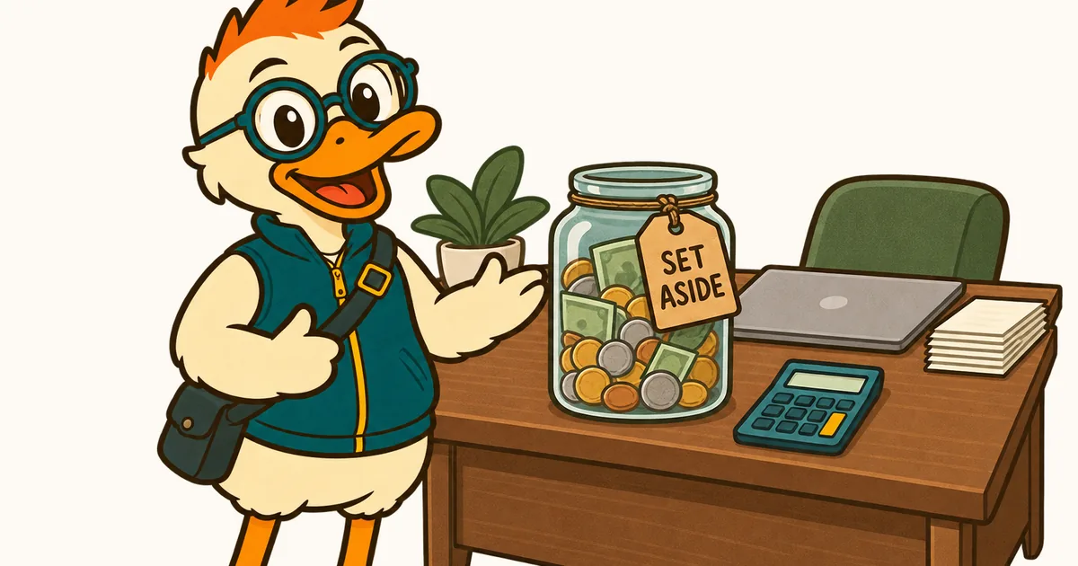 Miles Duck at a desk gesturing at a savings jar tagged SET ASIDE beside a calculator, for the free self-employed tax calculator