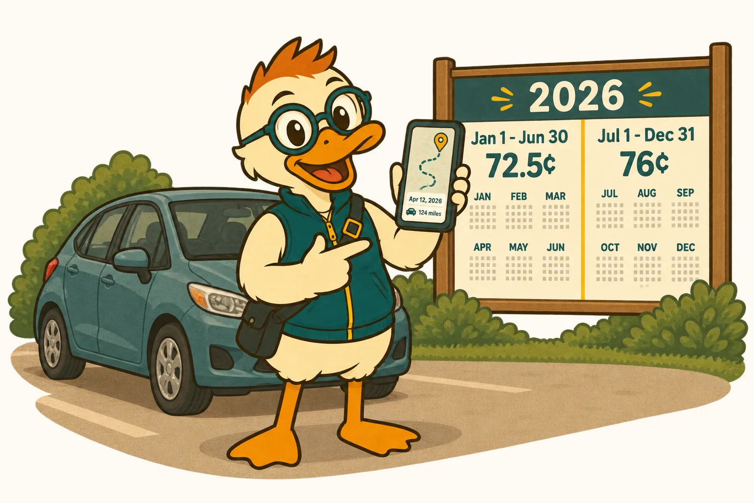 Miles Duck beside a parked car pointing at his phone's dated mileage log, with a board behind him showing the IRS mileage rate 2026 split into 72.5 cents from January 1 to June 30 and 76 cents from July 1 to December 31