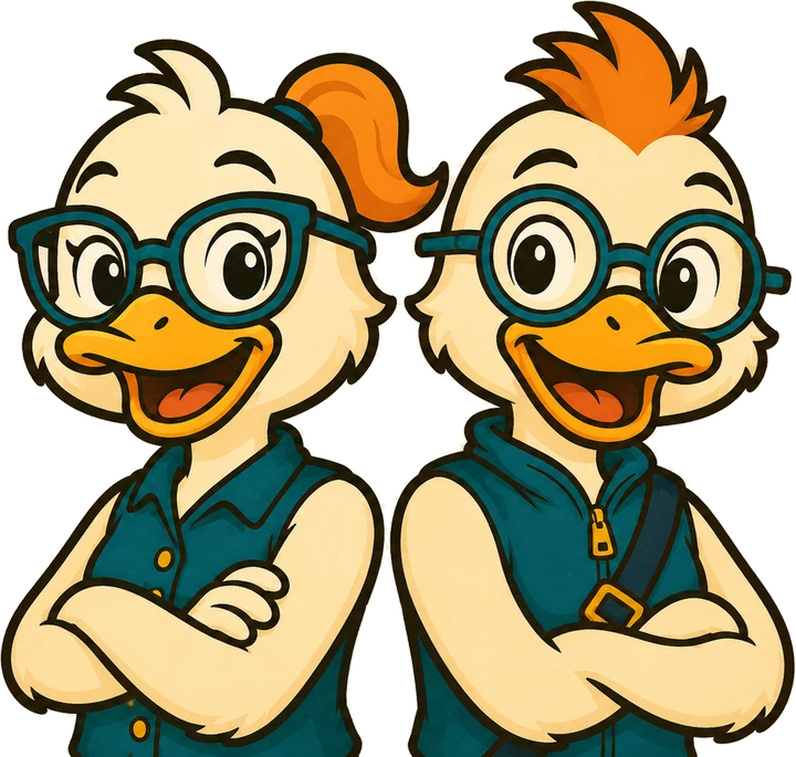 Dee Duck and Miles Duck, mascots of DeductibleDuck and ExpenseDuck, standing back to back