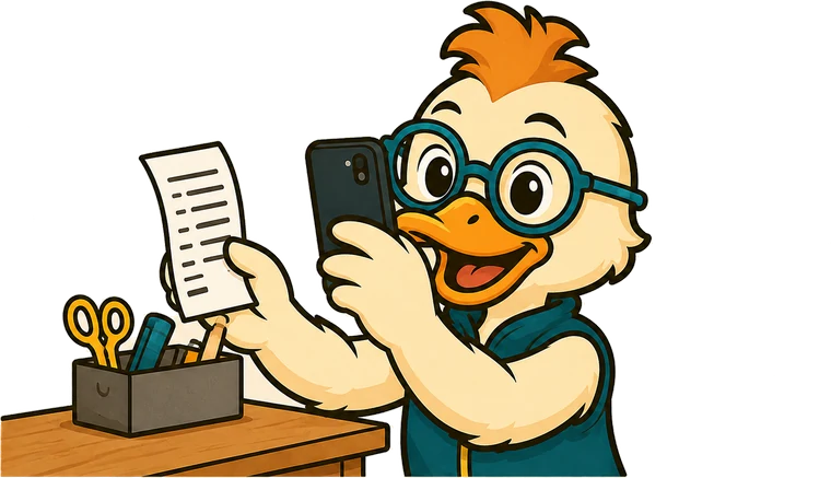 Miles Duck holding a receipt beside frequently asked questions about ExpenseDuck expense tracking