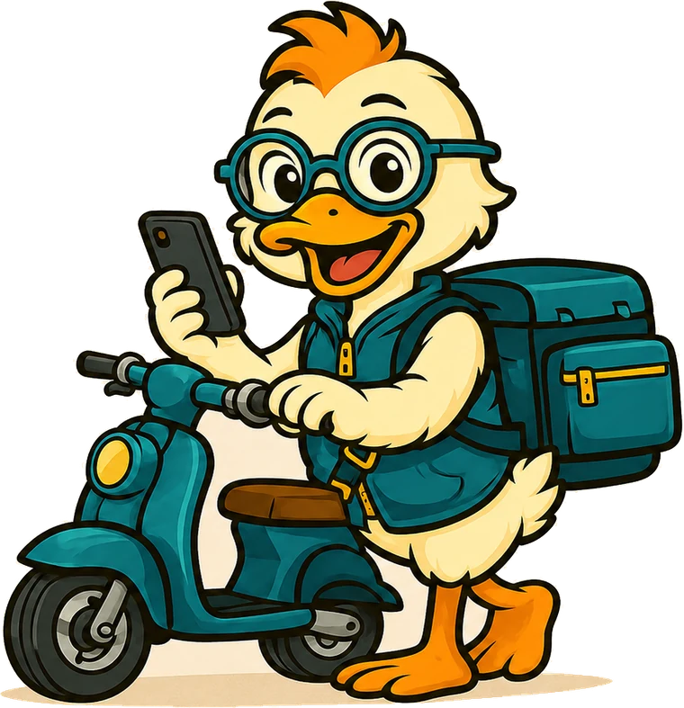 Miles Duck checking his mileage tracking app beside a delivery scooter