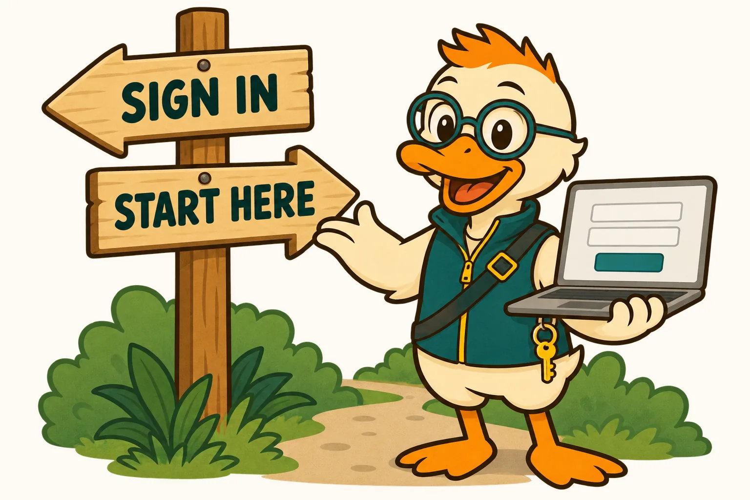 Miles Duck holding a laptop with a blank sign-in form and pointing at a signpost reading SIGN IN and START HERE, for people looking for the QuickBooks Self-Employed login