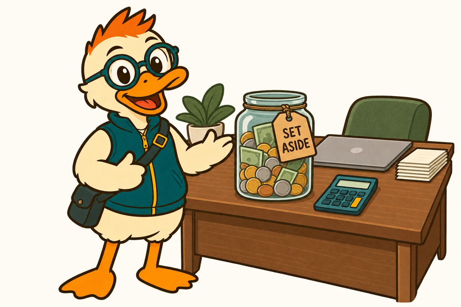 Miles Duck at a desk gesturing at a savings jar tagged SET ASIDE beside a calculator, showing what the self-employed tax calculator works out for federal quarterly taxes