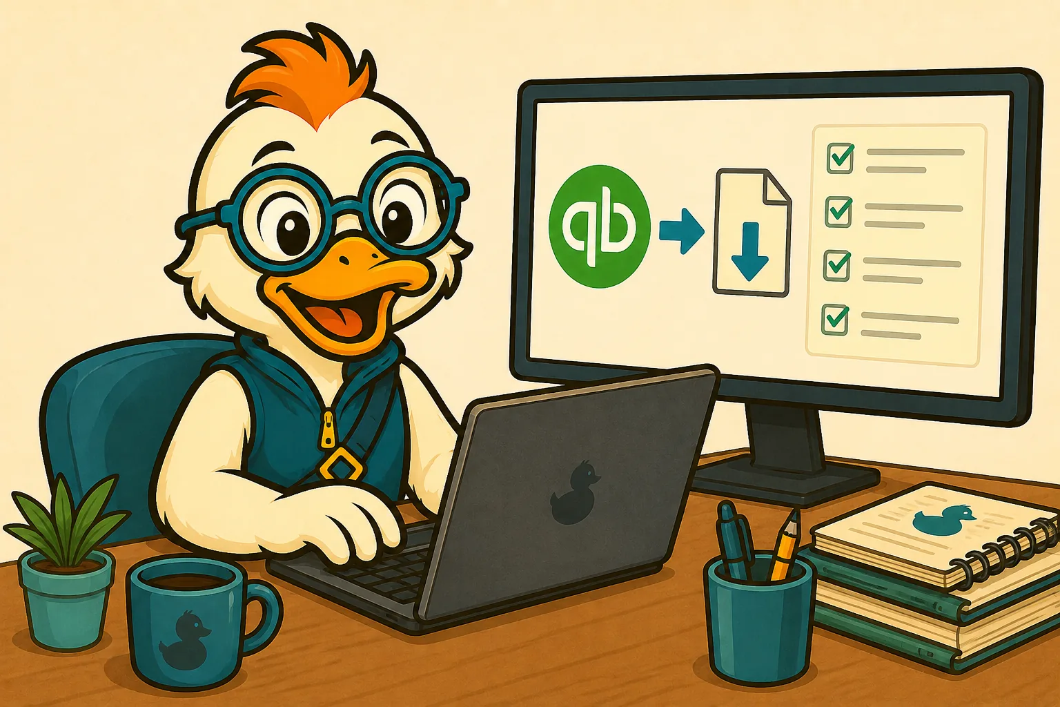Miles Duck at a laptop working through how to switch from QuickBooks Self-Employed, with QBSE data exporting to a file and a migration checklist on screen